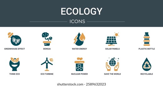 set of 10 outline web ecology icons such as greenhouse effect, bonsai, water energy, solar panels, plastic bottle, think eco, eco turbine vector icons for report, presentation, diagram, web design,