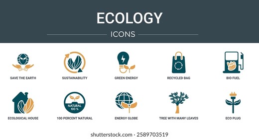 set of 10 outline web ecology icons such as save the earth, sustainability, green energy, recycled bag, bio fuel, ecological house, 100 percent natural vector icons for report, presentation,