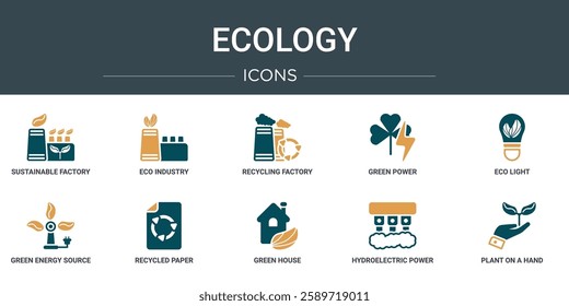 set of 10 outline web ecology icons such as sustainable factory, eco industry, recycling factory, green power, eco light, green energy source, recycled paper vector icons for report, presentation,