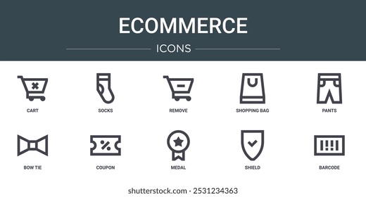 Set von 10 Umriss Web-E-Commerce-Symbole wie Warenkorb, Socken, entfernen, Einkaufstasche, Hose, Fliege, Gutschein Vektor-Symbole für Bericht, Präsentation, Diagramm, Web-Design, mobile App