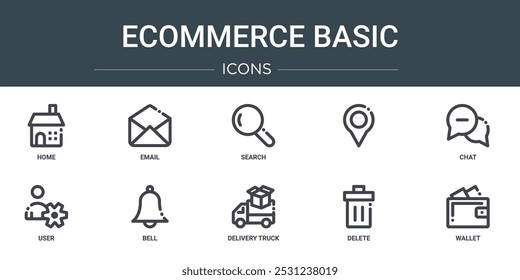set of 10 outline web ecommerce basic icons such as home, email, search,  , chat, user, bell vector icons for report, presentation, diagram, web design, mobile app