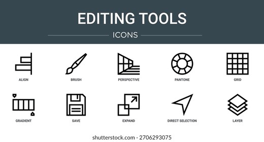 Conjunto de 10 iconos de herramientas de edición de Web Guardar de esquema como alinear, pincel, perspectiva, Pantone, cuadrícula, degradado, iconos vectoriales, signo y símbolos