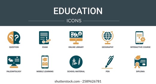 set of 10 outline web education icons such as question, exam, online library, geography, interactive course, paleontology, mobile learning vector icons for report, presentation, diagram, web design,