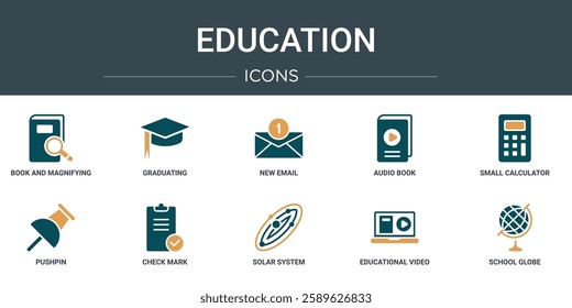 set of 10 outline web education icons such as book and magnifying, graduating, new email, audio book, small calculator, pushpin, check mark vector icons for report, presentation, diagram, web