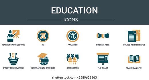 set of 10 outline web education icons such as teacher giving lecture, pi, parasites, diploma roll, folded written paper, spacetime curvature, international graduate vector icons for report,