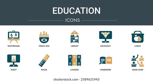 set of 10 outline web education icons such as whiteboard, pencil box, library, sociology, lunch, sheet, ruler vector icons for report, presentation, diagram, web design, mobile app