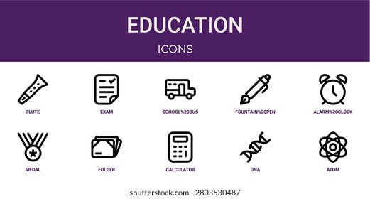 Set of 10 outline web Education icons such as atom, dna, calculator, folder, medal, alarm clock, fountain pen vector icons for report, presentation, diagram, web design, mobile app