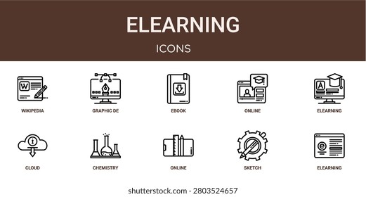 Set of 10 outline web Elearning icons such as elearning, sketch, online education, chemistry, cloud, elearning, online learning vector icons for report, presentation, diagram, web design, mobile app