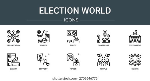 conjunto de 10 ícones do mundo da eleição do esboço web como organização, vencedor, política, consenso, governo, cédula de votação, ícones de vetor de apoio, sinal e símbolos