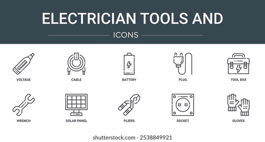 Conjunto de 10 herramientas e íconos del electricista del Web del esquema tales como voltaje, cable, batería, enchufe, caja de herramientas, llave, iconos del vector del panel solar para el informe, presentación, diagrama, Diseño web, App móvil