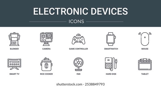 set of 10 outline web electronic devices icons such as blender, camera, game controller, smartwatch, mouse, smart tv, rice cooker vector icons for report, presentation, diagram, web design, mobile