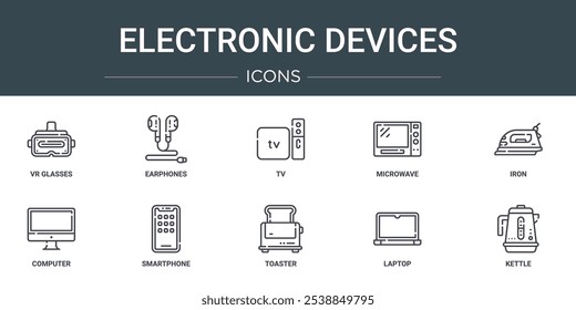 Conjunto de 10 iconos de dispositivos electrónicos de Web de contorno como gafas de VR, auriculares, TV, microondas, plancha, computadora, iconos de vectores de teléfonos inteligentes para informe, presentación, diagrama, Diseño web, App móvil