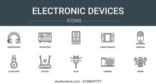 Conjunto de 10 iconos de dispositivos electrónicos de Web de contorno como auriculares, proyector, consola de juegos, cámara web, flash disk, iconos de vectores de enrutador para informe, presentación, diagrama, Diseño web, App móvil