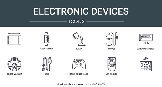 set of 10 outline web electronic devices icons such as  , smartband, lamp, mouse, air conditioner, robot vacuum, usb vector icons for report, presentation, diagram, web design, mobile app