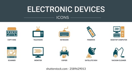 set of 10 outline web electronic devices icons such as copy hine, television, keyboard, pendrive, desktop computer, scanner, monitor vector icons for report, presentation, diagram, web design,