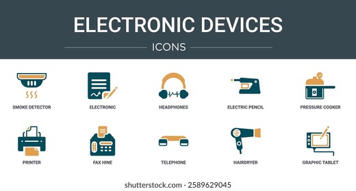 set of 10 outline web electronic devices icons such as smoke detector, electronic, headphones, electric pencil sharpener, pressure cooker, printer, fax hine vector icons for report, presentation,