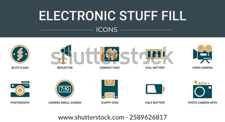 set of 10 outline web electronic stuff fill icons such as blitz flash, reflector, compact disc, full battery, video camera, photograph, camera small screen size vector icons for report,