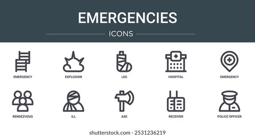 Conjunto de 10 iconos de emergencia de Web de esquema como emergencia, explosión, pierna, hospital, emergencia, cita, iconos de vector enfermo para informe, presentación, diagrama, Diseño web, App móvil