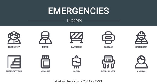 Conjunto de 10 iconos de emergencia de Web de esquema como emergencia, enfermera, barricada, vendaje, bombero, salida de emergencia, medicina vector iconos para informe, presentación, diagrama, Diseño web, App móvil