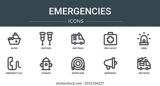 set of 10 outline web emergencies icons such as water, crutches, fire truck, first aid kit, siren, emergency call, hydrant vector icons for report, presentation, diagram, web design, mobile app