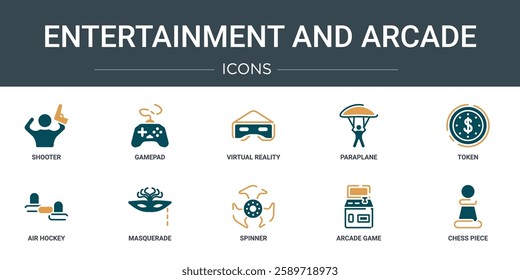 set of 10 outline web entertainment and arcade icons such as shooter, gamepad, virtual reality glasses, paraplane, token, air hockey, masquerade vector icons for report, presentation, diagram, web