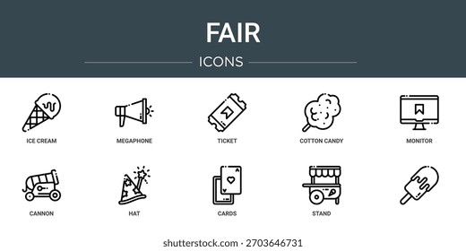 Conjunto de 10 iconos de la feria del Web del contorno tales como helado, megáfono, boleto, algodón de azúcar, monitor, cañón, sombrero, signos y símbolos vectoriales