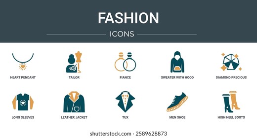 set of 10 outline web fashion icons such as heart pendant, tailor, fiance, sweater with hood and pocket, diamond precious stone, long sleeves, leather jacket vector icons for report, presentation,