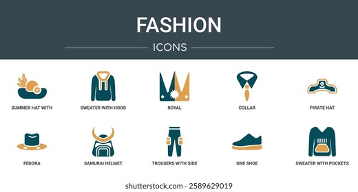 set of 10 outline web fashion icons such as summer hat with a flower, sweater with hood, royal, collar, pirate hat, fedora, samurai helmet vector icons for report, presentation, diagram, web design,