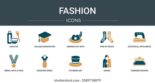 set of 10 outline web fashion icons such as hair dye, college graduation cap, german hat with small feather, pair of socks, electrical appliances, medal with a star, neckline dress vector icons for