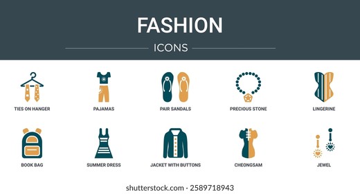 set of 10 outline web fashion icons such as ties on hanger, pajamas, pair sandals, precious stone, lingerine, book bag, summer dress vector icons for report, presentation, diagram, web design,