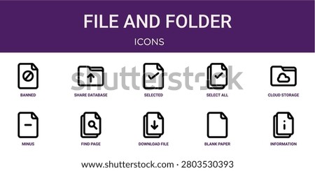 Set of 10 outline web File and Folder icons such as information, blank paper, download file, find on page, minus, cloud storage, select all vector icons for report, presentation, diagram, web