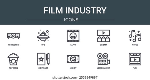 set of 10 outline web film industry icons such as projector, ufo, happy, cinema, notes, popcorn, contract vector icons for report, presentation, diagram, web design, mobile app