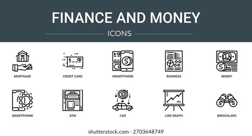 Conjunto de 10 esquemas de finanzas de Web y dinero iconos como hipoteca, tarjeta de crédito, teléfono inteligente, negocios, dinero, teléfono inteligente, iconos de vectores de cajero automático, signo y símbolos