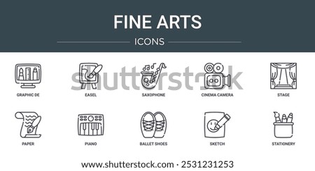 set of 10 outline web fine arts icons such as graphic de, easel, saxophone, cinema camera, stage, paper, piano vector icons for report, presentation, diagram, web design, mobile app