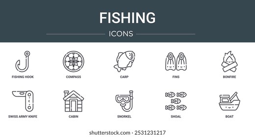 Conjunto de 10 iconos de pesca de Web de contorno como anzuelo, brújula, carpa, aletas, hoguera, cuchillo suizo del ejército, iconos de vector de cabina para informe, presentación, diagrama, Diseño web, App móvil