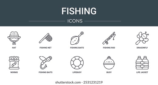 conjunto de 10 ícones de pesca web esboço como chapéu, rede de pesca, iscas de pesca, haste, libélula, vermes, iscas ícones vetoriais para relatório, apresentação, diagrama, web design, aplicativo móvel