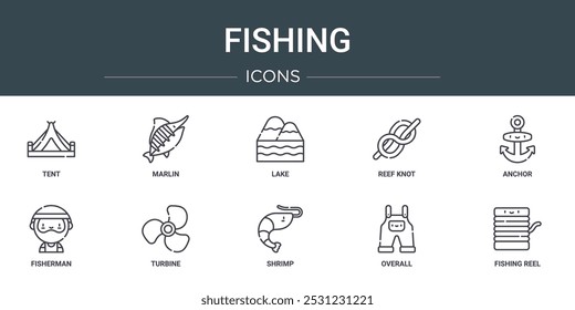 conjunto de 10 ícones de pesca da web de contorno como tenda, marlin, lago, nó de recife, âncora, pescador, ícones de vetor de turbina para relatório, apresentação, diagrama, web design, aplicativo móvel