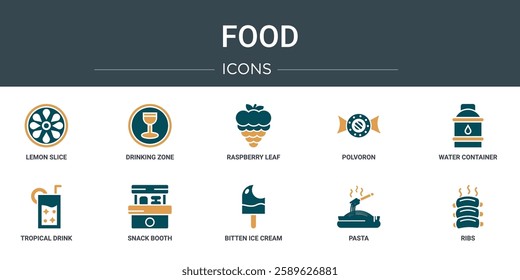 set of 10 outline web food icons such as lemon slice, drinking zone, raspberry leaf, polvoron, water container, tropical drink, snack booth vector icons for report, presentation, diagram, web