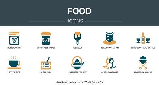 set of 10 outline web food icons such as honeycombs, disposable paper cup, ice lolly, tea cup of japan, wine glass and bottle, hot drinks, sushi dish vector icons for report, presentation, diagram,