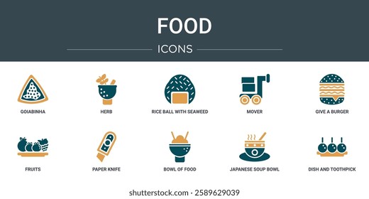 set of 10 outline web food icons such as goiabinha, herb, rice ball with seaweed, mover, give a burger, fruits, paper knife vector icons for report, presentation, diagram, web design, mobile app