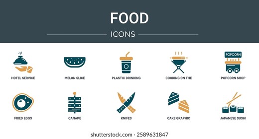 set of 10 outline web food icons such as hotel service, melon slice, plastic drinking cup, cooking on the, popcorn shop, fried eggs, canape vector icons for report, presentation, diagram, web