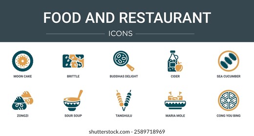 set of 10 outline web food and restaurant icons such as moon cake, brittle, buddhas delight, cider, sea cucumber, zongzi, sour soup vector icons for report, presentation, diagram, web design, mobile