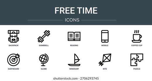 conjunto de 10 ícones de tempo livre da web de contorno como mochila, haltere, leitura, móvel, xícara de café, dartboard, globo ícones de vetor, sinal e símbolos