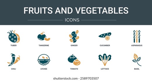 set of 10 outline web fruits and vegetables icons such as tuber, tangerine, ginger, cucumber, asparagus, chili, lychee vector icons for report, presentation, diagram, web design, mobile app