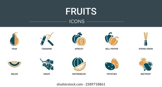 set of 10 outline web fruits icons such as pear, tamarind, apricot, bell pepper, spring onion, melon, grape vector icons for report, presentation, diagram, web design, mobile app