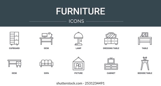 Conjunto de 10 iconos de muebles de Web de contorno como armario, escritorio, lámpara, tocador, mesa, escritorio, sofá iconos vectoriales para informe, presentación, diagrama, Diseño web, App móvil