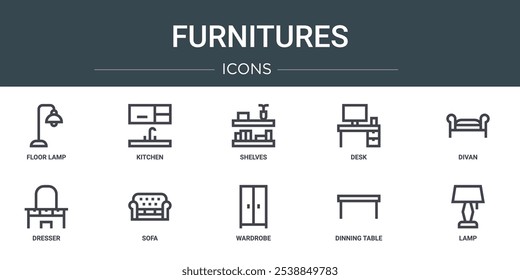 Conjunto de 10 iconos de muebles de Web de contorno como lámpara de pie, cocina, estantes, escritorio, diván, tocador, iconos de vector de sofá para informe, presentación, diagrama, Diseño web, App móvil