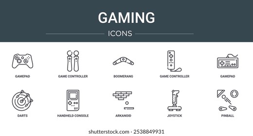 Conjunto de 10 iconos de juego de Web de contorno como gamepad, controlador de juego, boomerang, controlador de juego, gamepad, dardos, iconos de vector de consola portátil para informe, presentación, diagrama, Diseño web, móvil