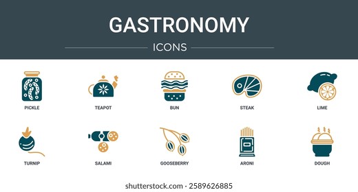 set of 10 outline web gastronomy icons such as pickle, teapot, bun, steak, lime, turnip, salami vector icons for report, presentation, diagram, web design, mobile app