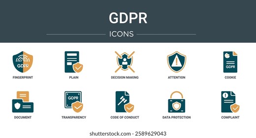 set of 10 outline web gdpr icons such as fingerprint, plain, decision making, attention, cookie, document, transparency vector icons for report, presentation, diagram, web design, mobile app